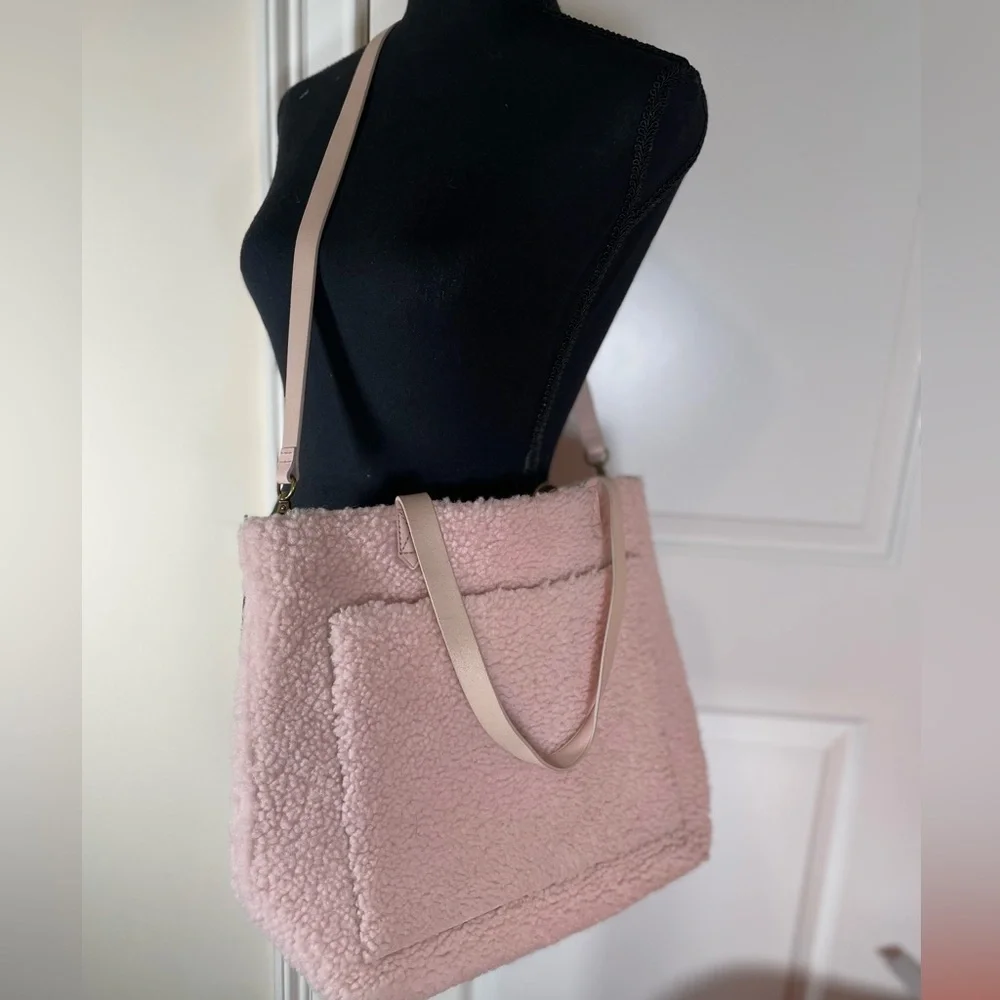 Madewell Transport M Shearling Leather Tote Pink Teddy Womens Zip Crossbody